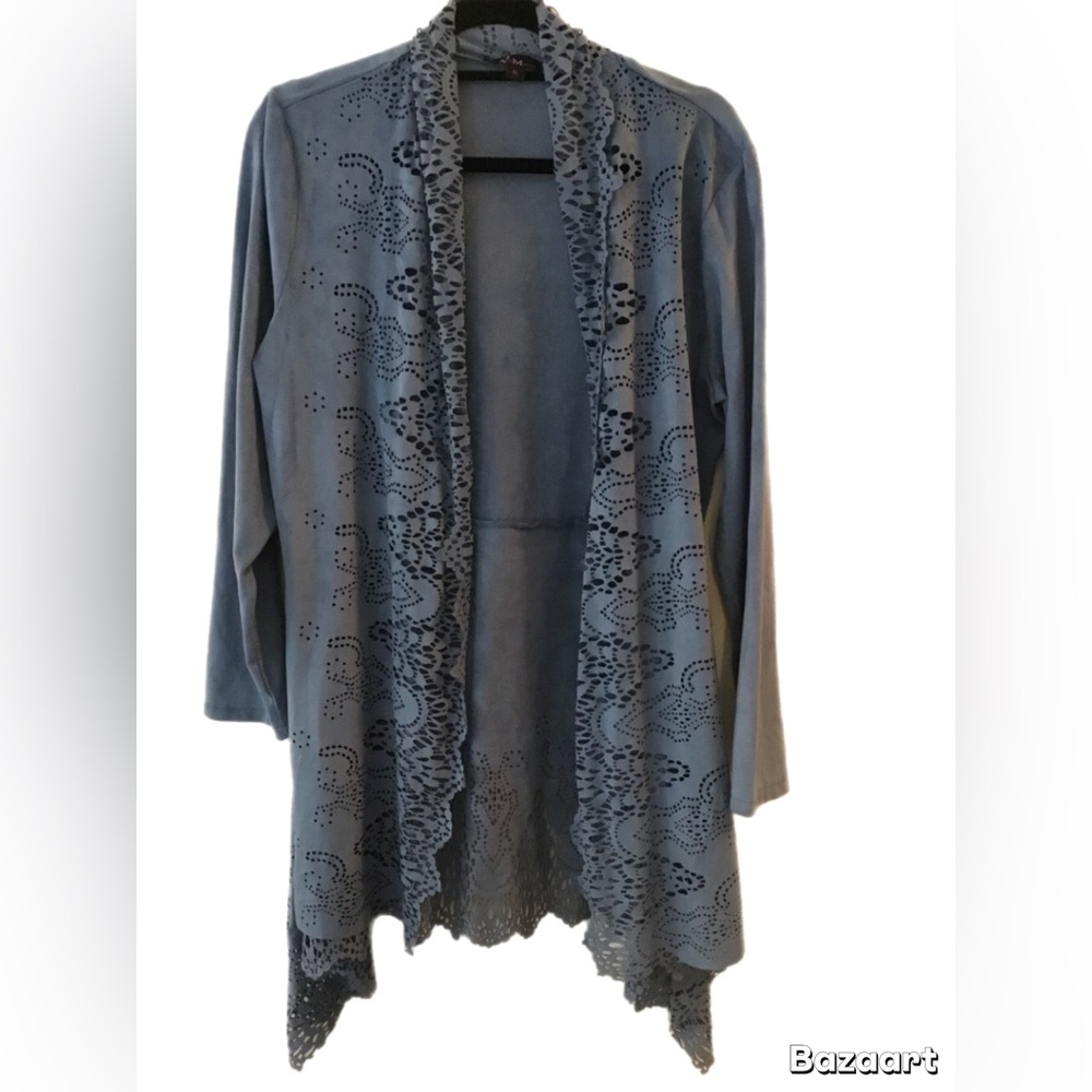Alberto Makali Dusty Blue Open-Front Lace-Trim Cardigan
